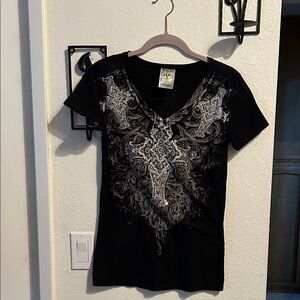 VOCAL Black and Gray Graphic V-Neck Tee